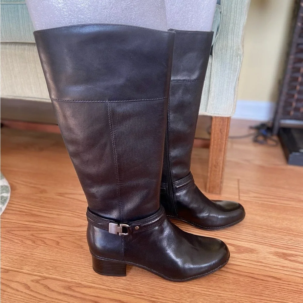 Bandolino Black Leather Knee High Riding‎ Boots Buckle Zip Equestrian